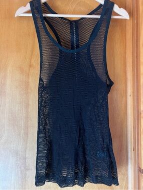 Black Fishnet Mesh Racerback Tank Exposed Silver Zipper FESTIVAL MOTO PUNK 90s